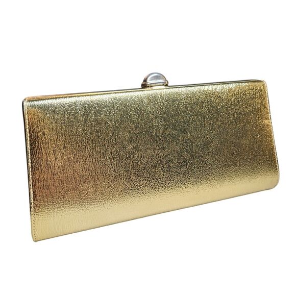 Vintage 60s Leather Gold Clutch Purse Handbag Metallic Chain Handle Envelope MCM - Picture 2 of 16